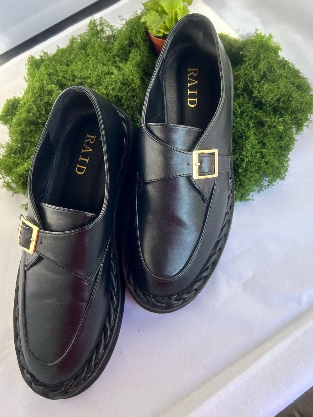 Raid Black Leather Loafers with Gold Buckle